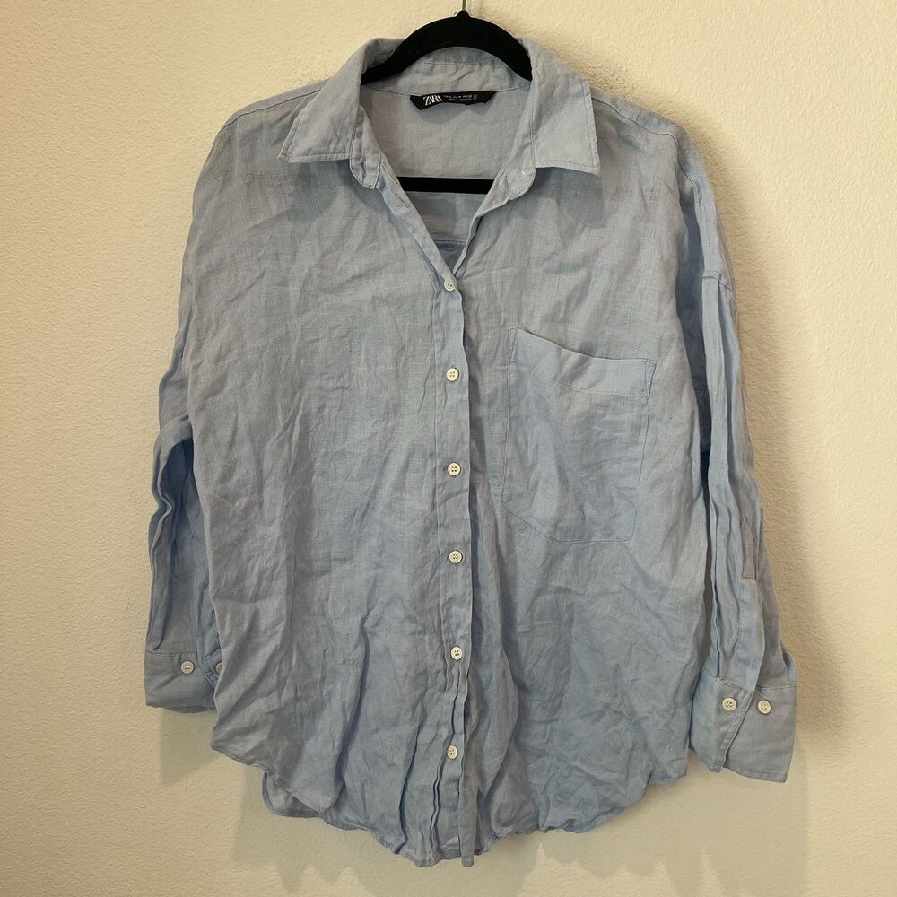 Zara Women Light Blue 100% Linen Button Up Shirt Long Sleeve M Coastal Vacation